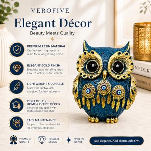 Decorative Owl Showpiece for Home Decor | Premium Resin Owl Statue with Gold Detailing