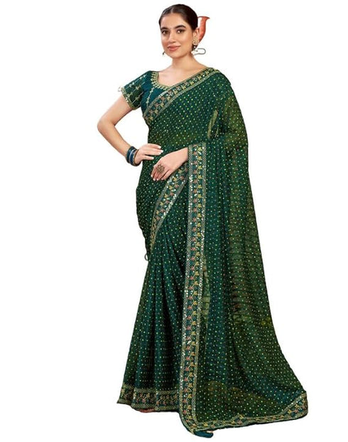Vasthrlay Bandhani Embroidery Unstitched Rama Green Saree