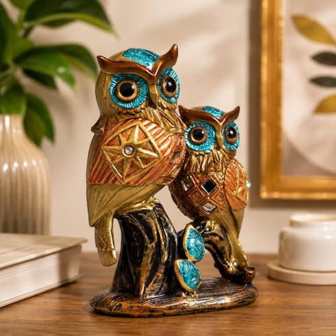 Decorative Owl Pair Figurine Showpiece Gold & Teal Resin Owl Statue Set with Geometric Design