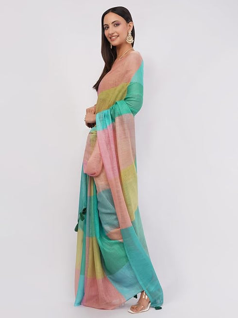 Vasthrlay Multicolor1 Printed Linen Saree With Unstitched Blouse Piece