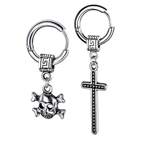 M Men Style Gothic Skeleton Head Dangle With Jesus Cross Hoop Studs