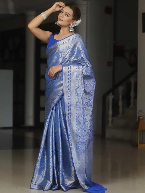 Vasthrlay Blue Banarasi Traditional Unstitched Saree