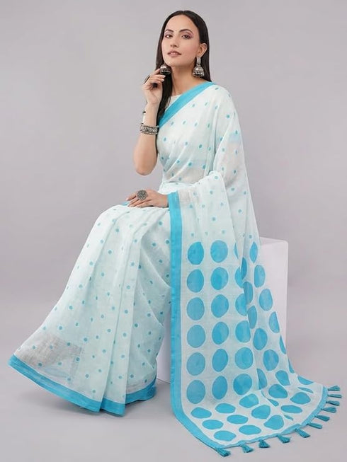 Vasthrlay White Blue Striped | Floral | Solid Print Design Linen Saree With Solid Unstitched Linen Blouse Piece