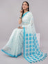 Vasthrlay White Blue Striped | Floral | Solid Print Design Linen Saree With Solid Unstitched Linen Blouse Piece