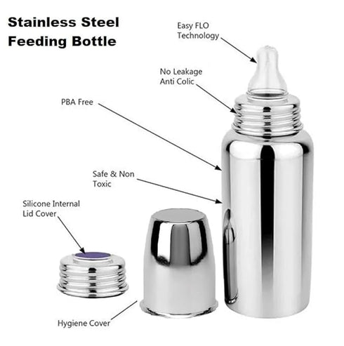 Millionminds Stainless Steel Baby Feeding Milk Bottle and Feeding Bottle with Spoon | Bottle Cleaning Brush and Fruit Feeder