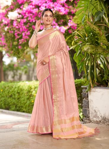 Vasthrlay Kanjivaram Pure Tissue Silk Pink Saree With Unstitched Blouse Piece
