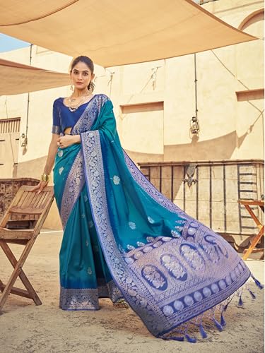 Vasthrlay Kanjivaram Soft Silk Banarasi Blue Saree With Unstiched Blouse Piece