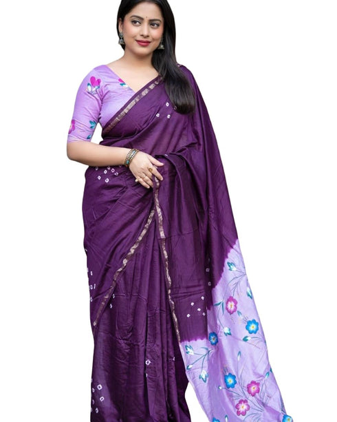 Vasthrlay Mulmul Linen Cotton Saree | Purple And Lavender Printed Pallu Zari Border