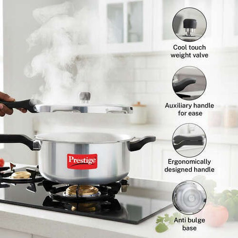 Prestige Svachh Aluminium Anti Bulge Induction Base Senior Deep Pan Pressure Cooker 5 L Silver