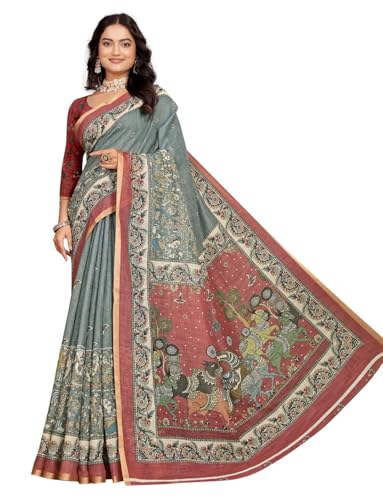 Vasthrlay Women's Cotton Kalamkari Wedding Saree With Blouse Piece