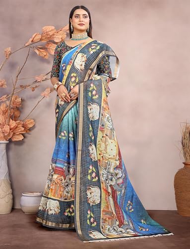 Vasthrlay Women's Cotton Kalamkari Wedding Saree With Blouse Piece