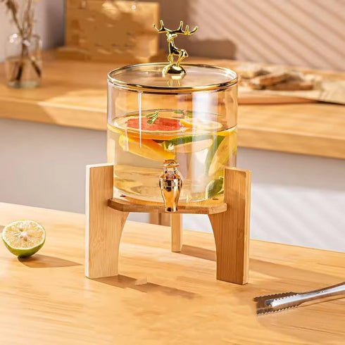 PrimeWorld Glass Water Beverage Dispenser with Wooden Stand