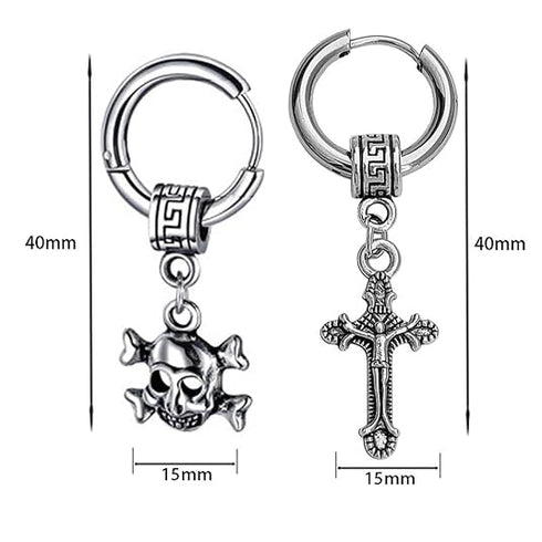 M Men Style Gothic Skeleton Head Cross Titanium Steel Silver Stainless Hoop Earrings