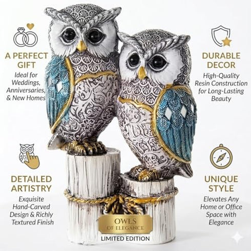 Decorative Owl Figurine Set White and Blue Resin Intricate Pattern Design
