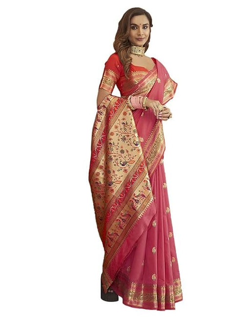 Vasthrlay Paithani Jacquard Pink And Golden Border Saree With Unstitched Blouse Piece