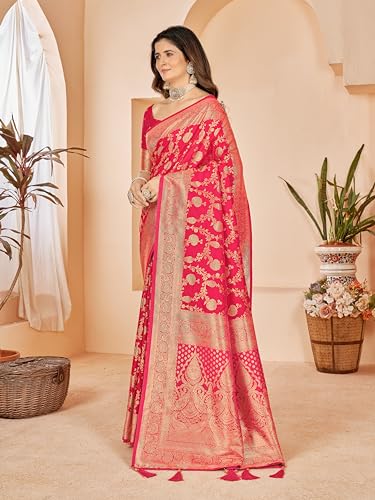 Vasthrlay Cotton Banarasi Silk Pink Saree For Women With Unstitched Blouse Piece