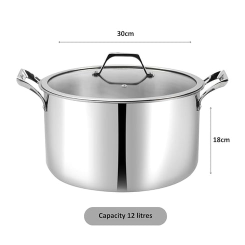 Healux 30 cm Tiana Triply Biryani Pot with Glass lid -12 L