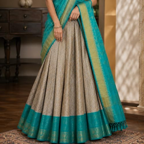 Vasthrlay Banarasi Art Silk Lehenga Choli Set With Dupatta Teal Green And Gold