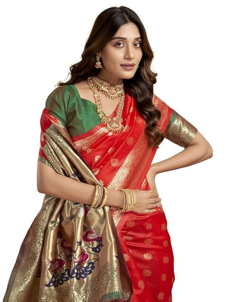 Vasthrlay Paithani Kanjivaram Unstitched Red Saree