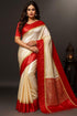 Vasthrlay Red Border White Durga Puja Gorod Bengali Saree | Pure Kanjivaram Sari Banarasi Silk Goroder Lal Par Sada Navratri Pooja Sari With Blouse