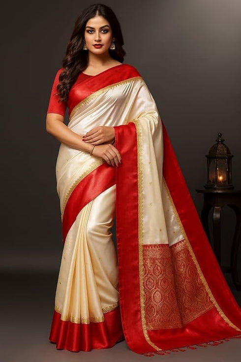 Vasthrlay Red Cream Bengali Gorod Sarees For Women Durga Puja Garad Silk Banarasi Kanjivaram Goroder Lal Border Sari