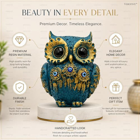 Decorative Owl Showpiece for Home Decor | Premium Resin Owl Statue with Gold Detailing