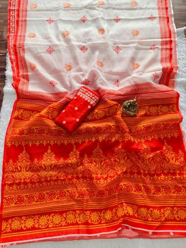 Vasthrlay Bengali Durga Pooja Saree | Heavy Linen Cotton Saree With Digital Print | Motif Tassels | Matching Printed Blouse | 6.30M