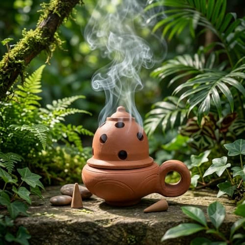 Handcrafted Clay Incense Holder with Handle & Lid - Terracotta Sambrani Stand & Dhoop Dani