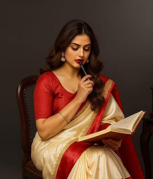 Vasthrlay Red Border White Durga Puja Gorod Bengali Saree | Pure Kanjivaram Sari Banarasi Silk Goroder Lal Par Sada Navratri Pooja Sari With Blouse