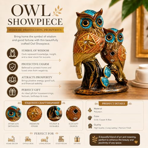 Decorative Owl Pair Figurine Showpiece Gold & Teal Resin Owl Statue Set with Geometric Design