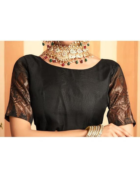 Vasthrlay Womens Jacquard Orange Saree With Black Unstitched Blouse Piece