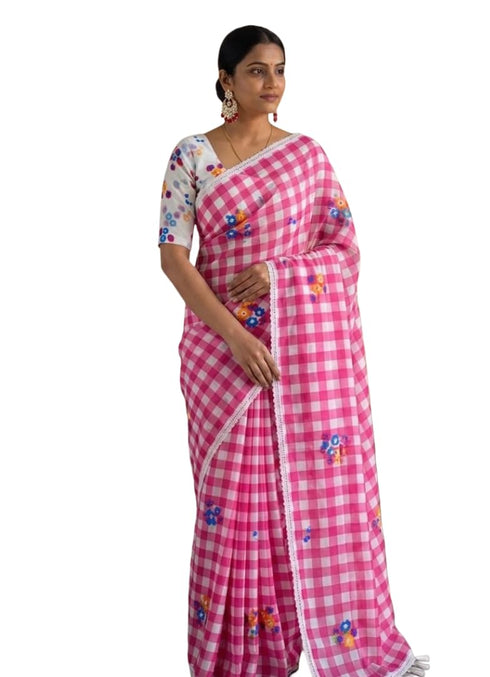 Vasthrlay Checks Floral Tassel Lightweight