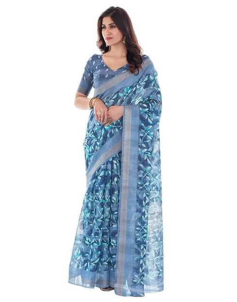 Siril Women'S Cotton Printed Zari Stripe Saree With Unstitched Blouse Piece