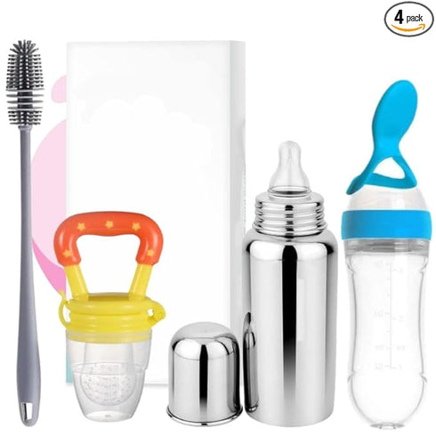 Millionminds Stainless Steel Baby Feeding Milk Bottle and Feeding Bottle with Spoon | Bottle Cleaning Brush and Fruit Feeder