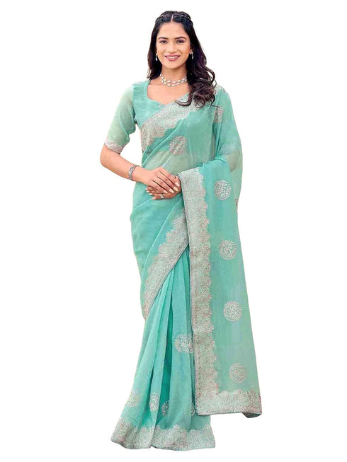 Vasthrlay Scalloped Embroidery Turquoise Saree