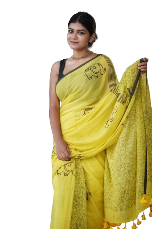 Vasthrlay Yellow Cotton Printed Elephant