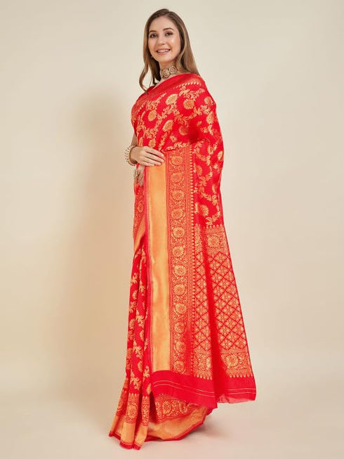 Vasthrlay Red Banarasi Traditional Unstitched Saree