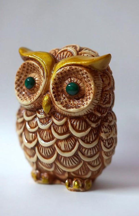 Owl Statue Showpiece for Vastu, Good Luck, Gift & Home Decor (Golden & Beige)