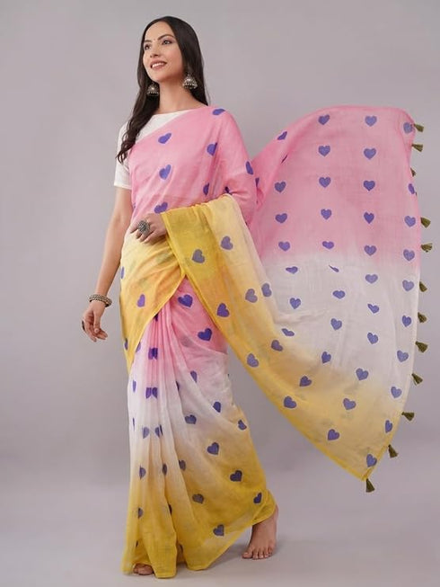 Vasthrlay Pink1 Printed Linen Saree With Unstitched Blouse Piece