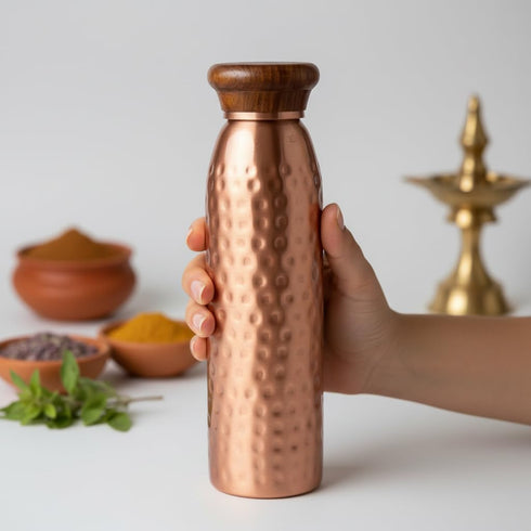 Pure Copper Water Bottle with Wooden Lid
