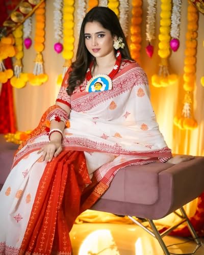 Vasthrlay Bengali Durga Pooja Saree | Heavy Linen Cotton Saree With Digital Print | Motif Tassels | Matching Printed Blouse | 6.30M