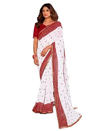 Vasthrlay Georgette Bandhani Unstitched White Saree