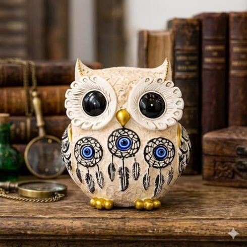 Owl Showpiece for Home Decor, Resin Figurine with Gold Detailing Lucky Evil Eye Owl Statue for Living Room