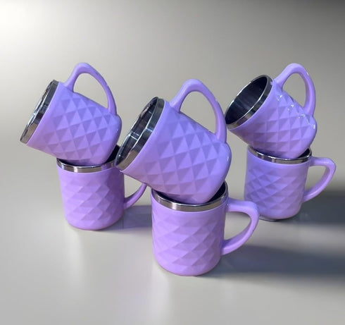 Stainless Steel Tea Cups with Diamond Pattern, 200 ml, Set of 6