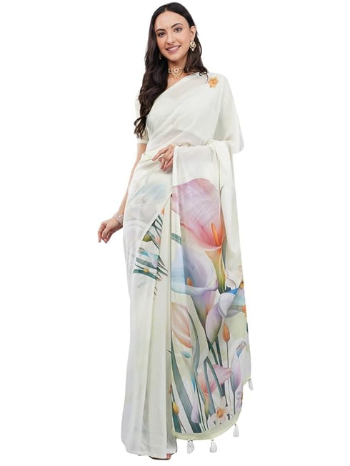 Vasthrlay Off White2 Floral Printed Gerogette Saree With Zari Pallu And Unstitched Blouse Piece