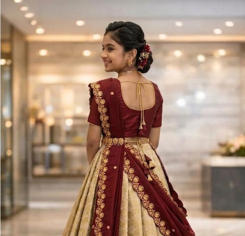 Vasthrlay White Button Half Saree South Indian Langa Voni Pattu Pavadai Lehenga Choli For Girls