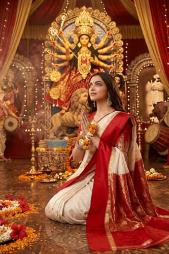Vasthrlay Traditional Bengali Gorod Sarees Red And White Durga Puja Garad Silk Kanjivaram Goroder Lal Paar Sada Border | Zari Buti Sadi Blouse Piece