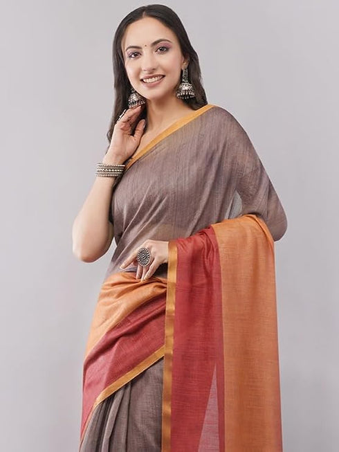 Vasthrlay Women'S Multicolor1Chevron Printed Linen Saree With Unstitched Blouse
