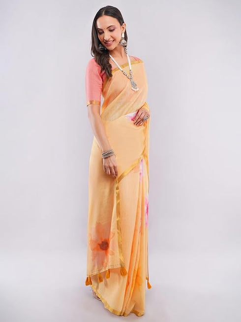 Vasthrlay Yellow Chevron Printed Linen Saree With Unstitched Blouse