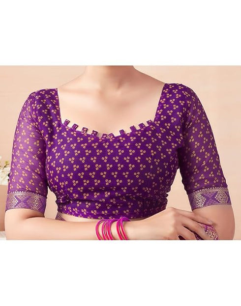 Vasthrlay Bandhani Printed Chiffon Purple1 Saree With Unstitched Blouse Piece